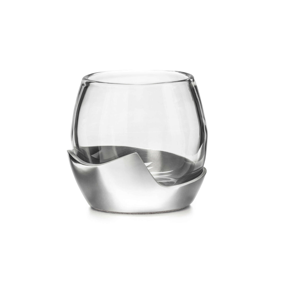 Clear glass globe with silver metal mountain-shaped base on white background.