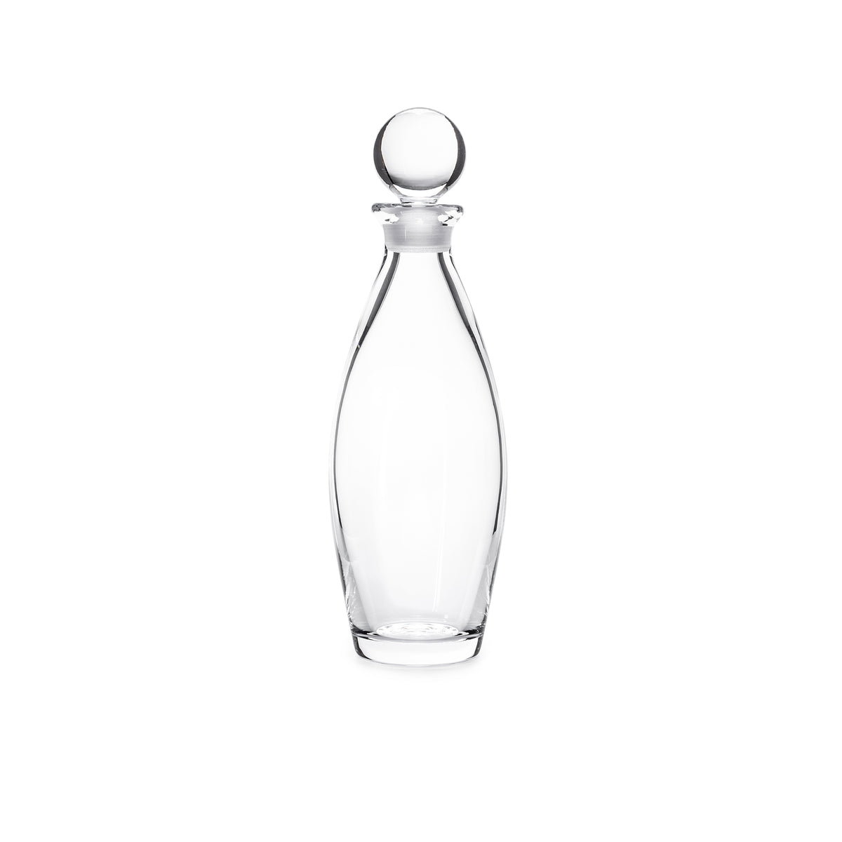 Clear glass decanter with curved tapered body and spherical stopper on white background.