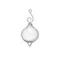 Clear glass finial ornament with spiral ridges, metal cap, and curved wire hook for hanging.