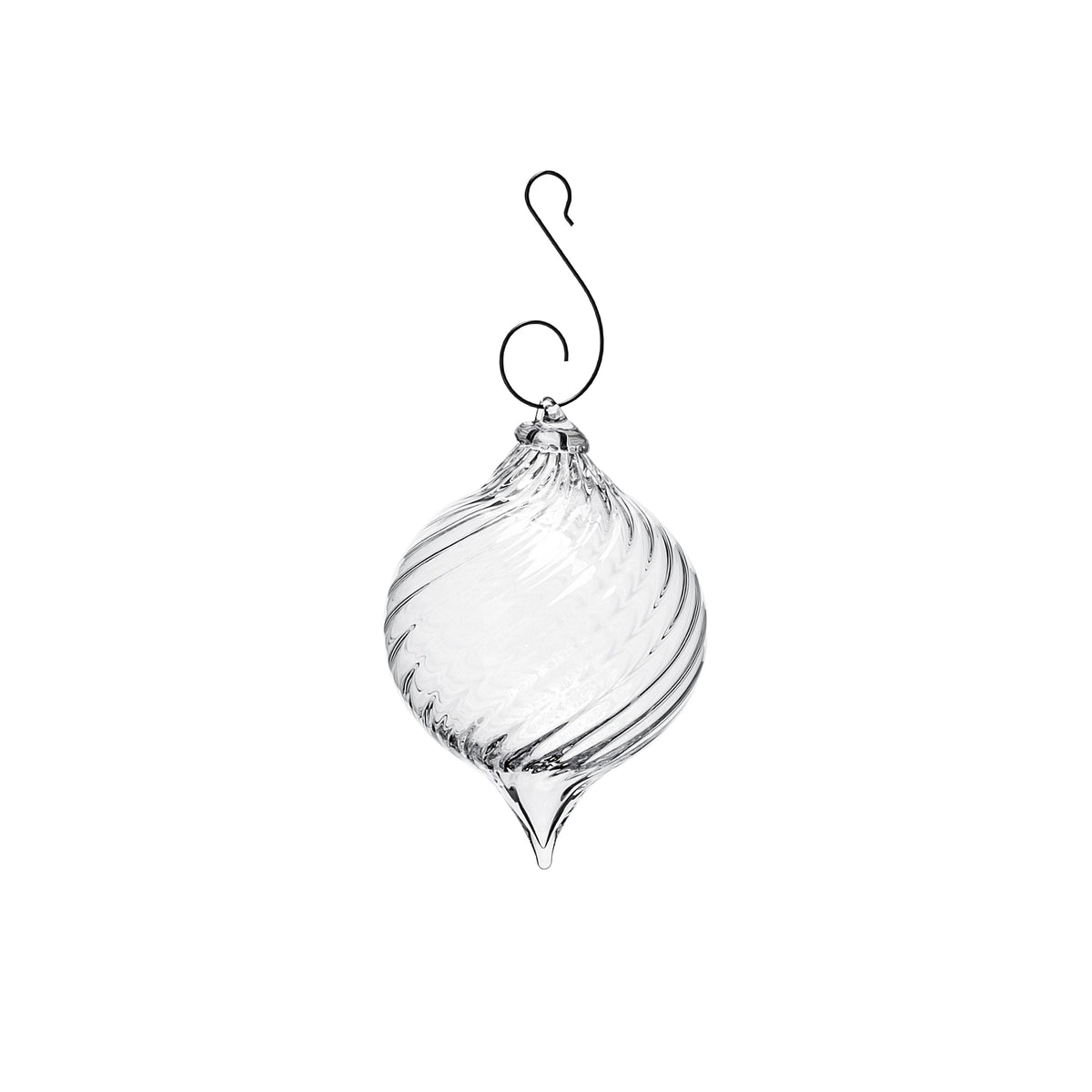 Clear glass finial ornament with spiral ridges, metal cap, and curved wire hook for hanging.