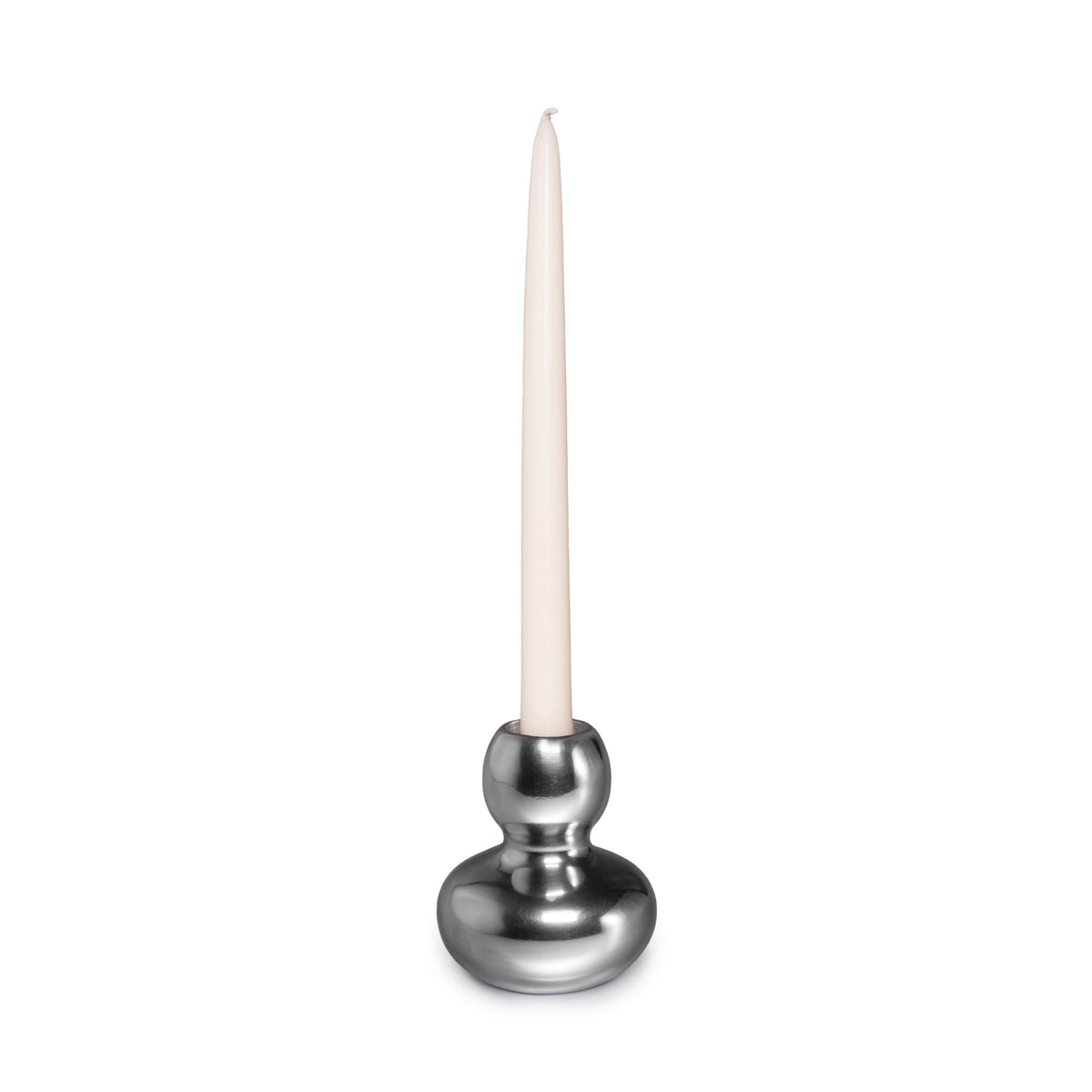 Silver aluminum candlestick with spherical base and tapered cream candle inserted in socket.