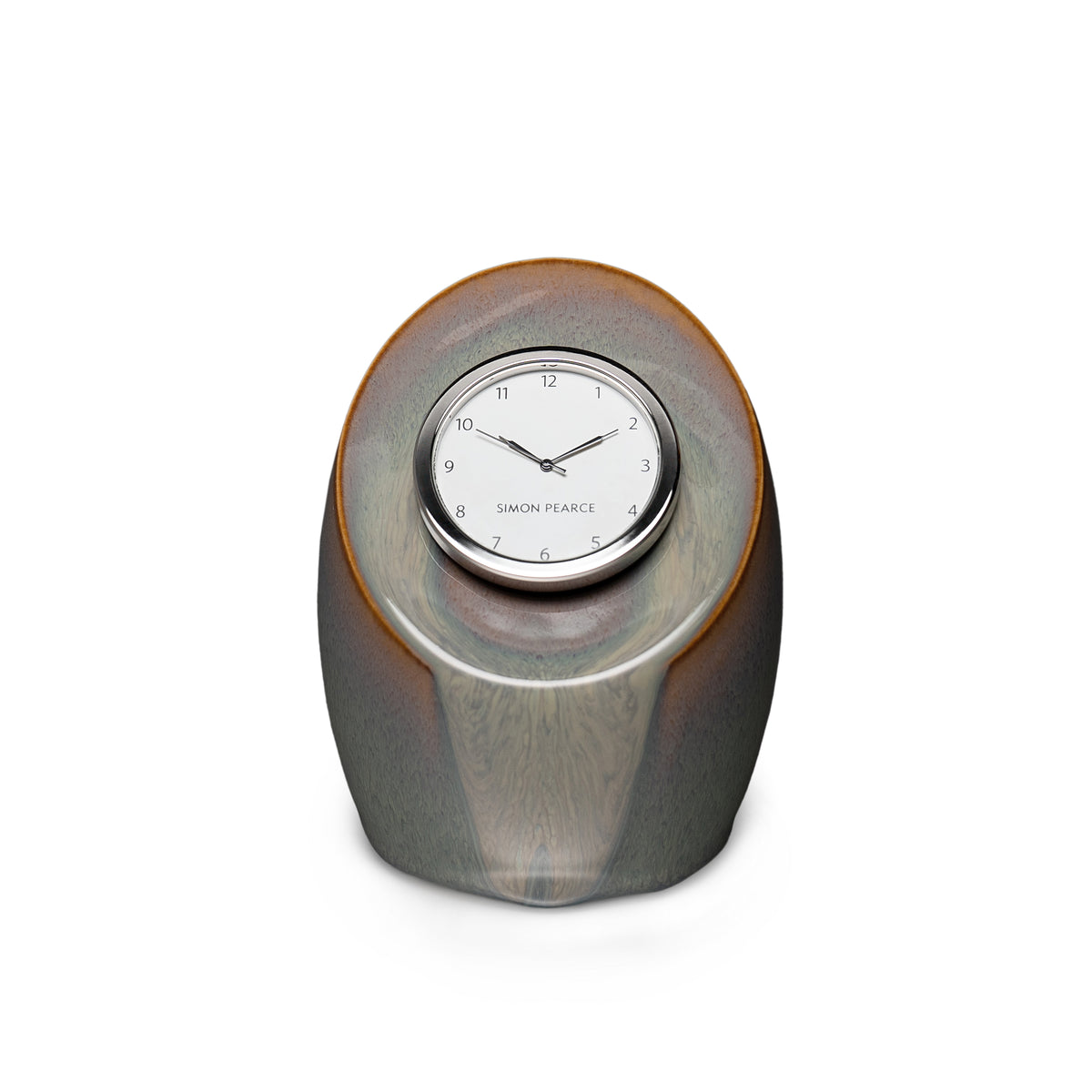 Gray pottery clock with rounded oval shape and embedded circular clock face with numerals and Simon Pearce branding.