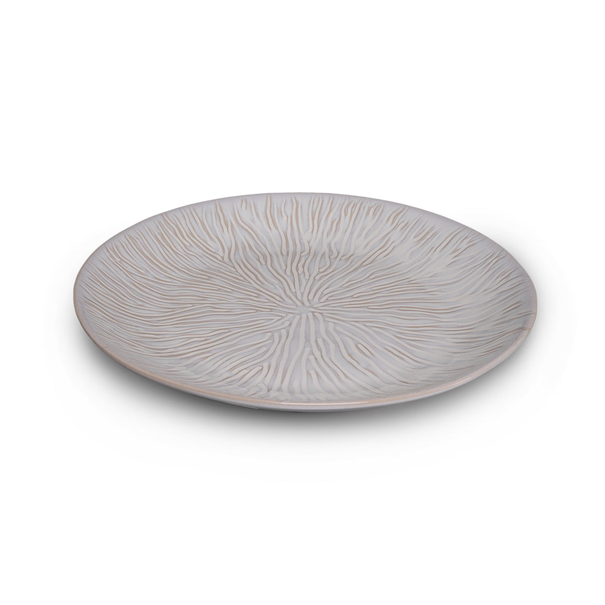 White ceramic platter with radial line pattern radiating from center, shallow dish shape.