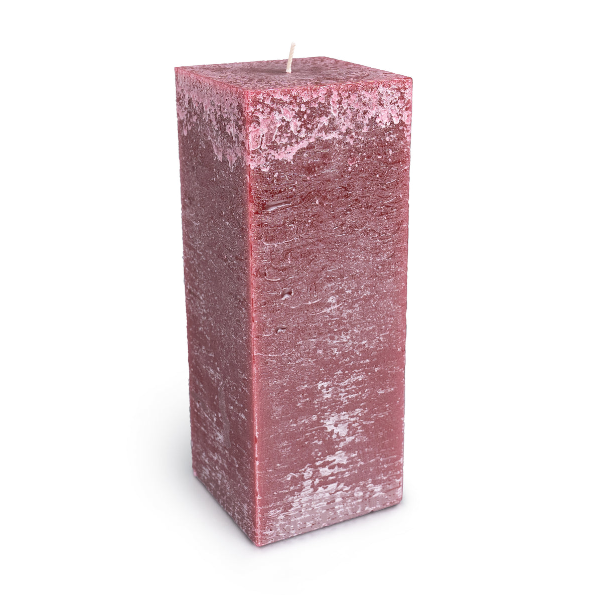 Berry-colored square pillar candle with textured wax surface and white wick on top.