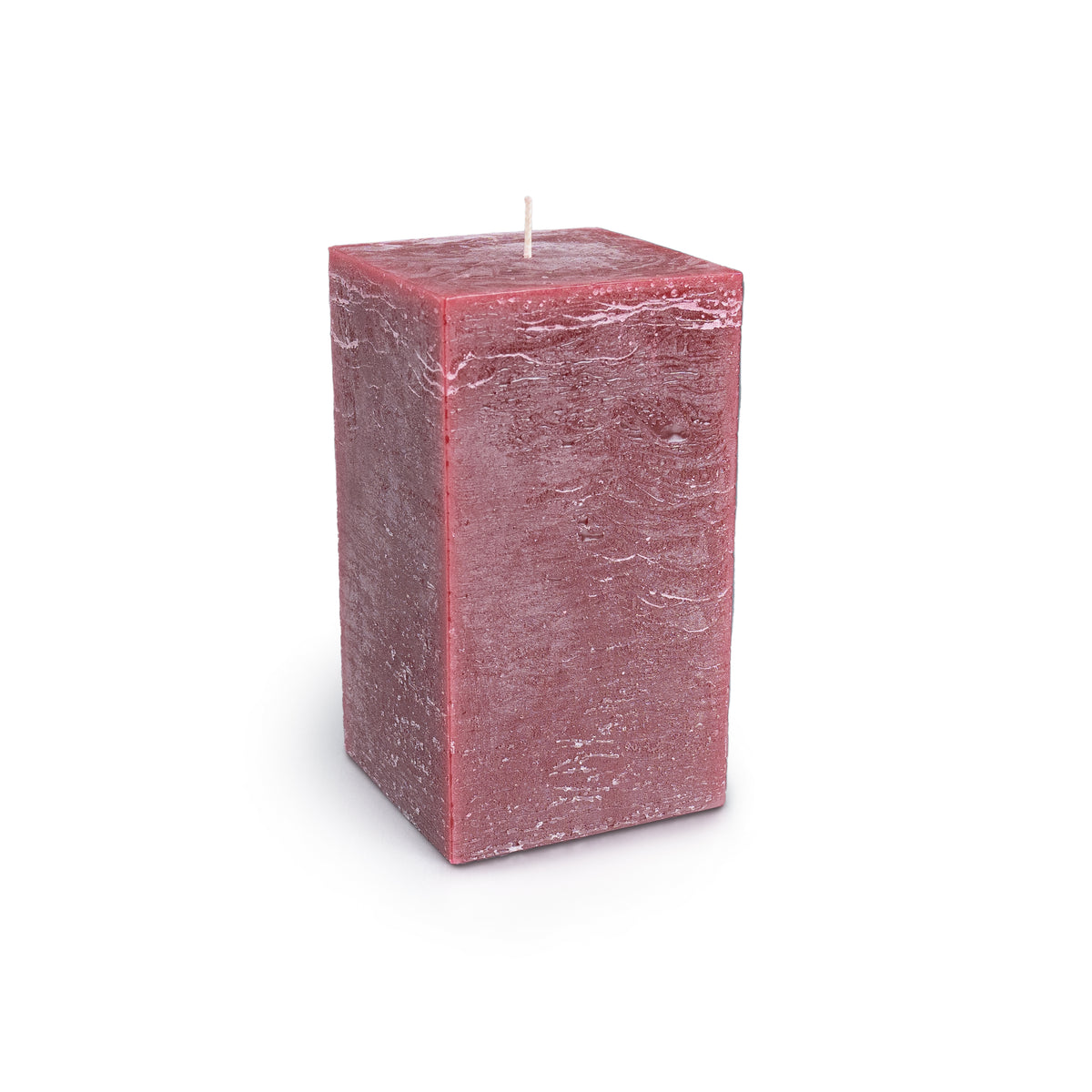 Deep rose square pillar candle with textured surface and cream wick.