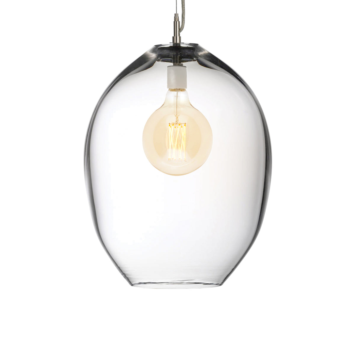 Clear glass oval pendant with black metal fixture and vintage-style warm white bulb inside.