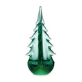Green glass evergreen tree figurine with pointed top, tiered branches, and rounded base in light and dark green tones.