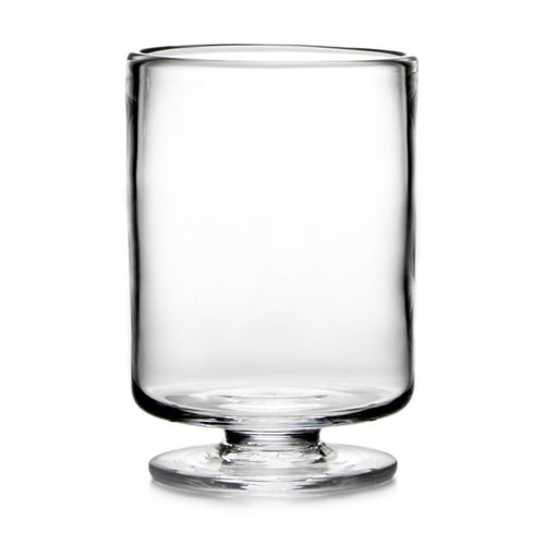 Clear glass hurricane vase with pedestal base and straight cylindrical sides.