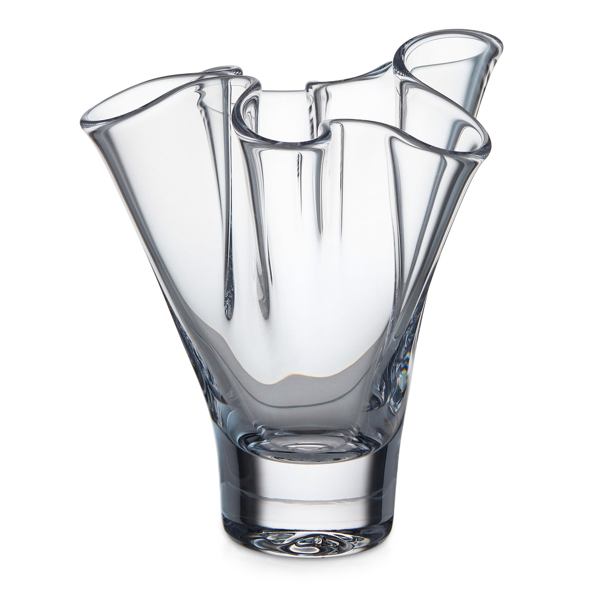 Clear glass vase with wavy ruffled rim and fluted petal-like sides.