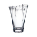 Clear glass vase with rippled petal-shaped rim and tapered cylindrical body.