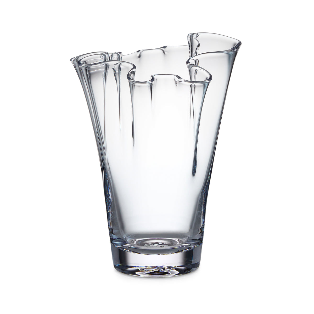 Clear glass vase with rippled petal-shaped rim and tapered cylindrical body.
