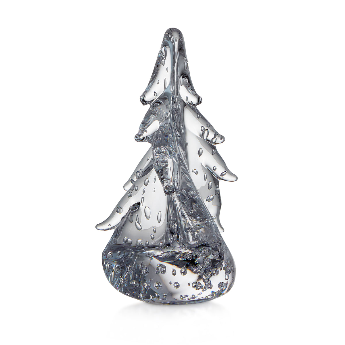 Clear glass tree sculpture with twisted branches and bubble texture details throughout.