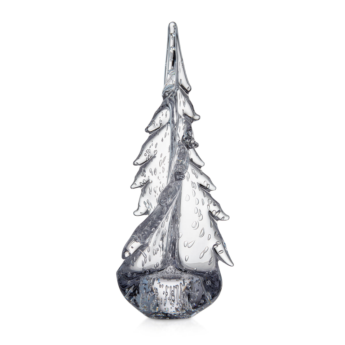 Clear glass decorative evergreen tree with twisted spiral design and dark base.
