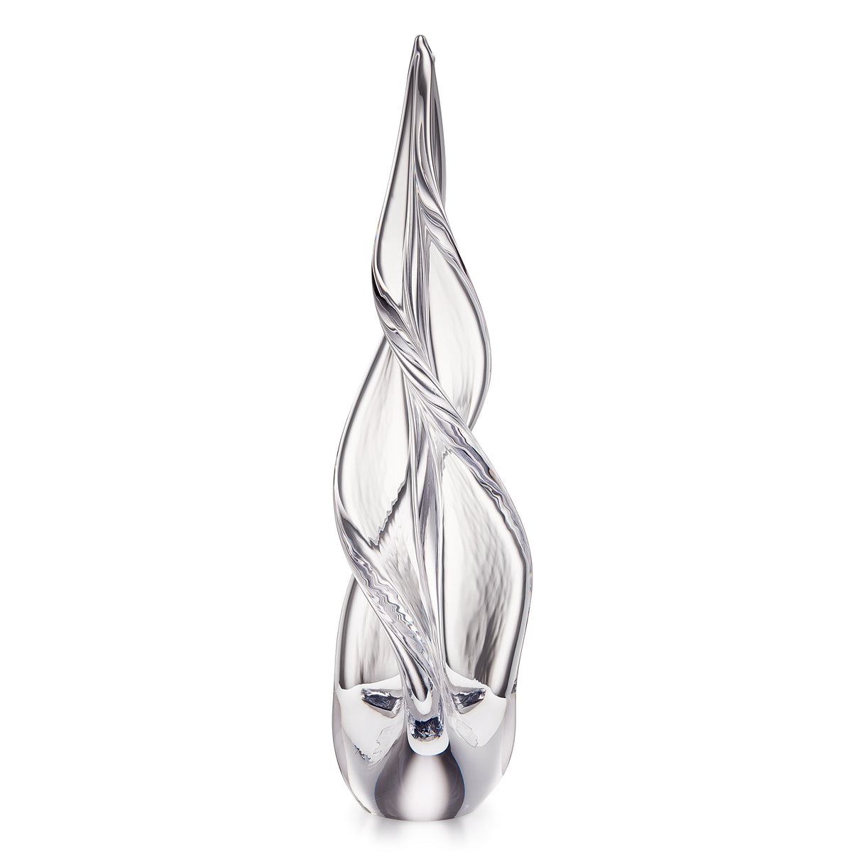Tall silver spiral tree sculpture with three-sided twisted design and rounded base with blue accents.