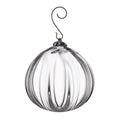 Clear glass round ornament with vertical ribbed pattern and black metal cap and scrolled hook.