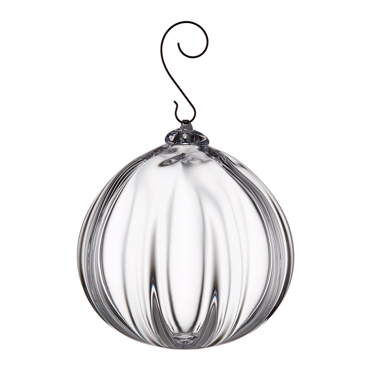 Clear glass round ornament with vertical ribbed pattern and black metal cap and scrolled hook.