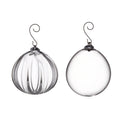 Two clear glass round ornaments with metal hooks: one with vertical ribbed texture, one smooth.