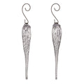 Two clear glass icicle ornaments with textured surface and metal scroll hooks.