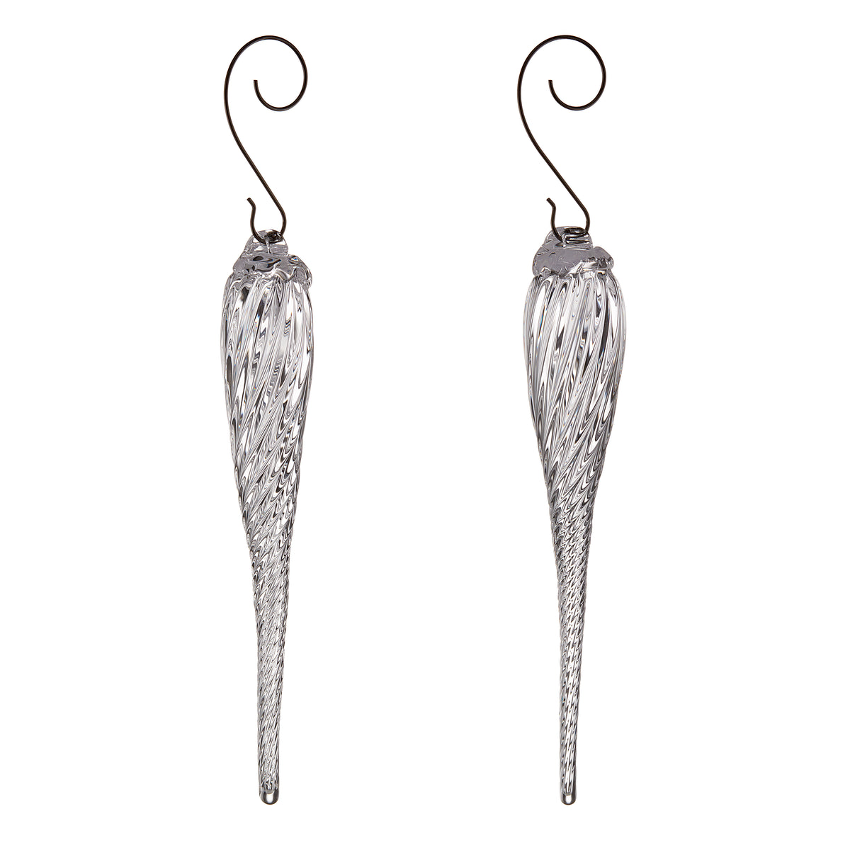 Two clear glass icicle ornaments with textured surface and metal scroll hooks.