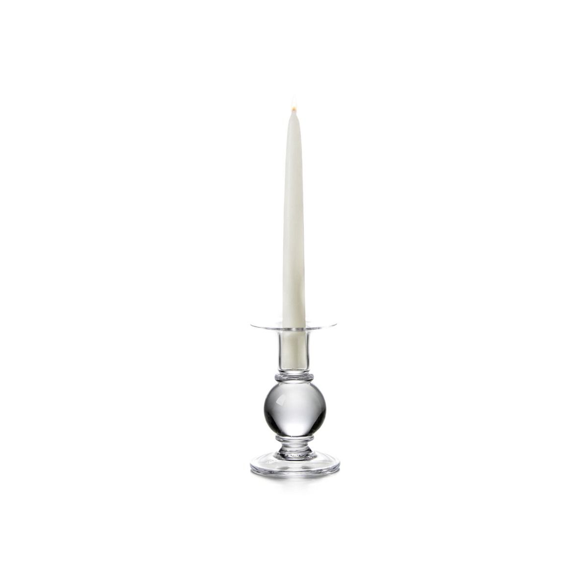 Clear glass candlestick with spherical base holding a tall tapered cream candle.