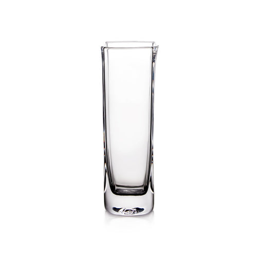 Clear glass vase with tall cylindrical body and tapered square base.