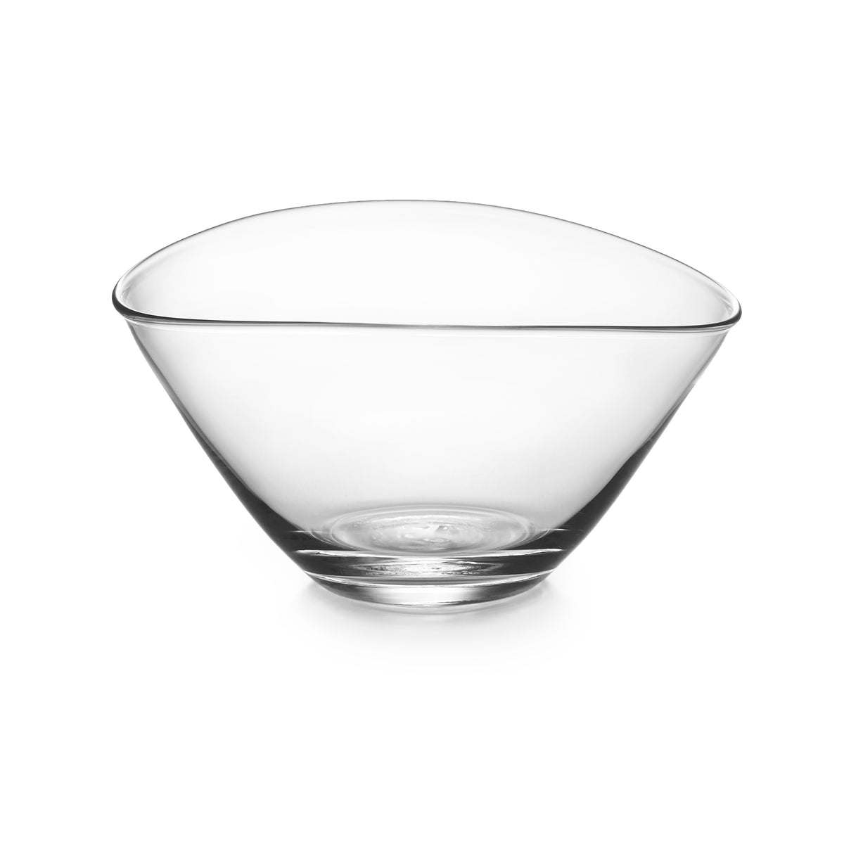 Clear glass bowl with wide angled sides and rounded bottom.