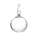 Clear glass round ornament with metal hook and silver cap for hanging.