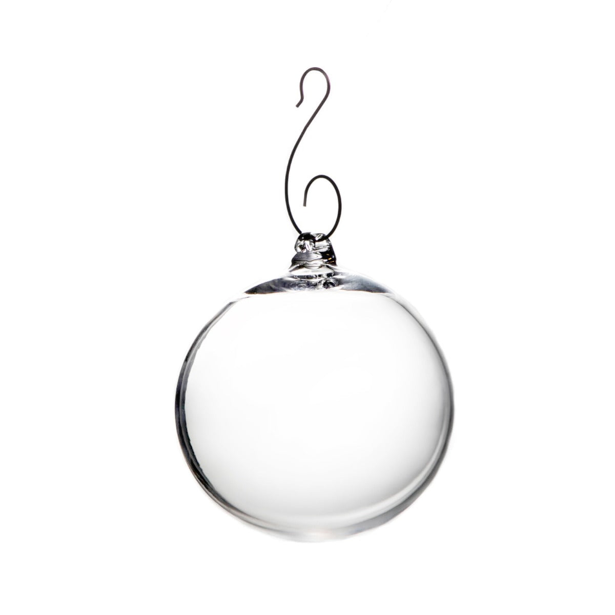 Clear glass round ornament with metal hook and silver cap for hanging.