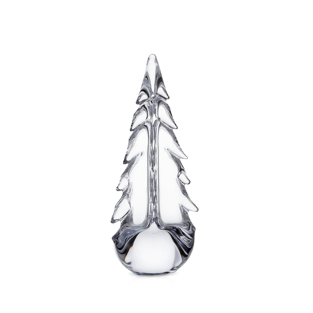 Clear glass evergreen tree figurine with layered branches and rounded base.