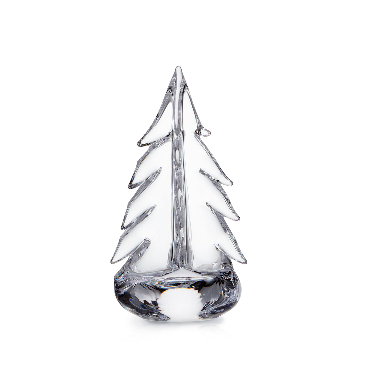 Clear glass evergreen tree figurine with pointed top and branched sides on rounded base.