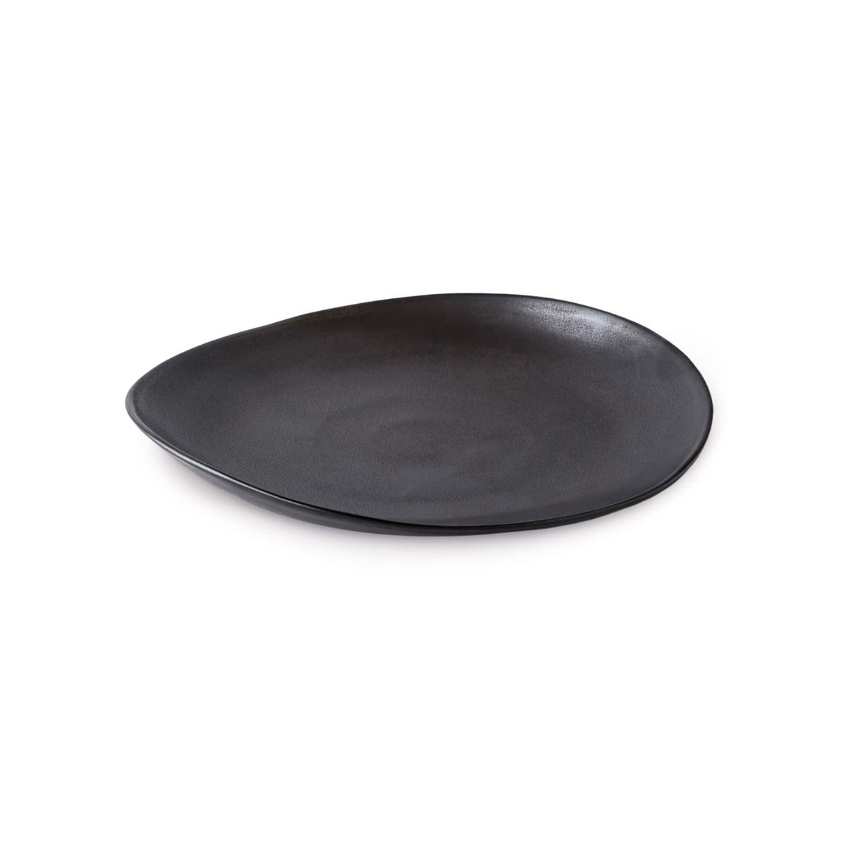 Slate-colored ceramic dinner plate with a shallow well and slightly curved rim.