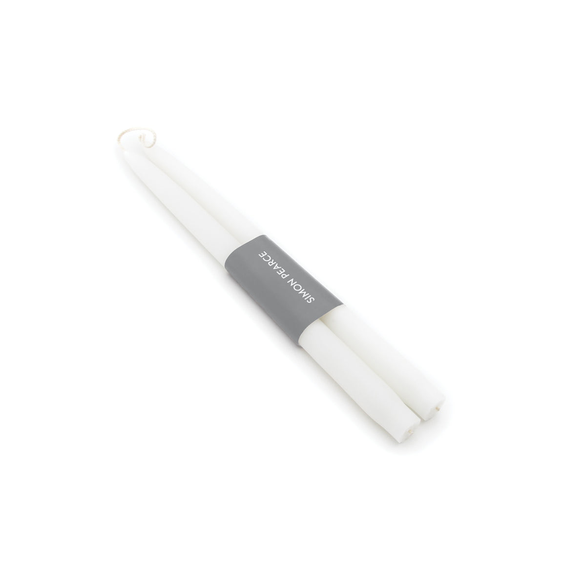 Two white taper candles bundled together with a gray band label.