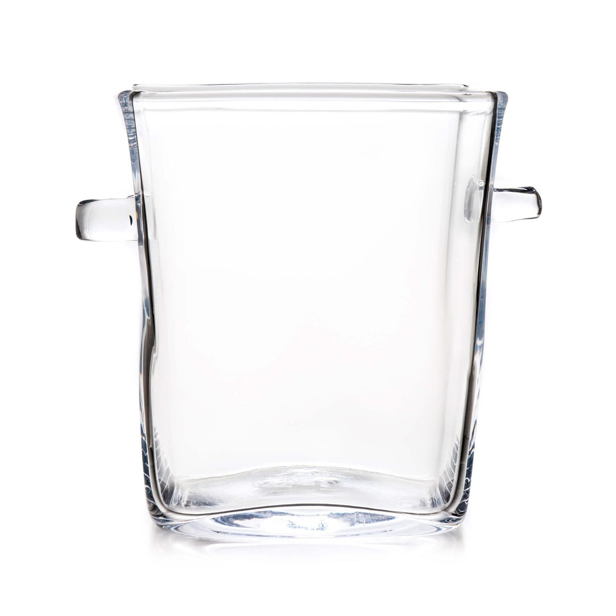 Clear glass chiller bucket with two handles and engraved wedding invitation text on front.