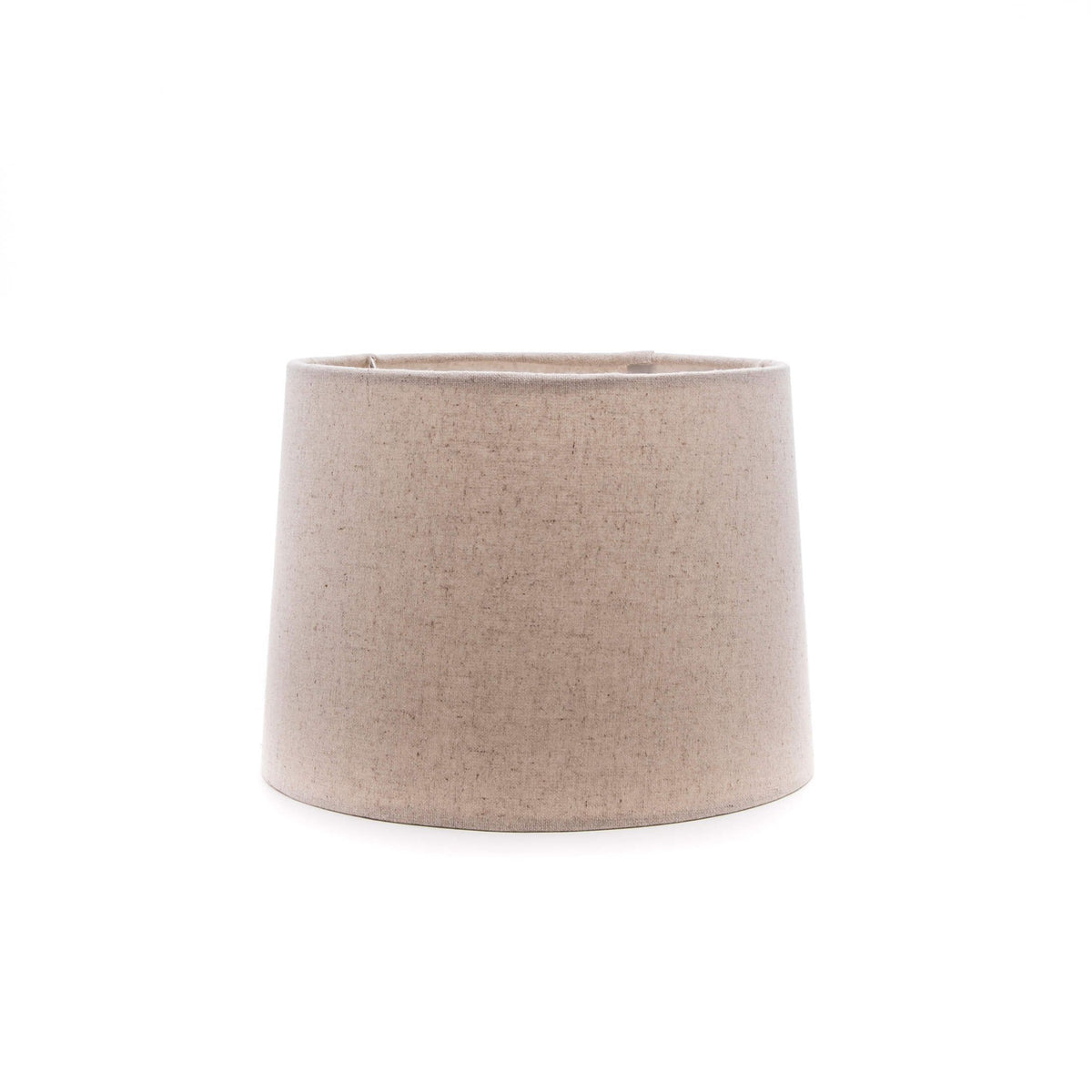 Natural linen barrel-shaped lamp shade with straight sides and neutral beige color.