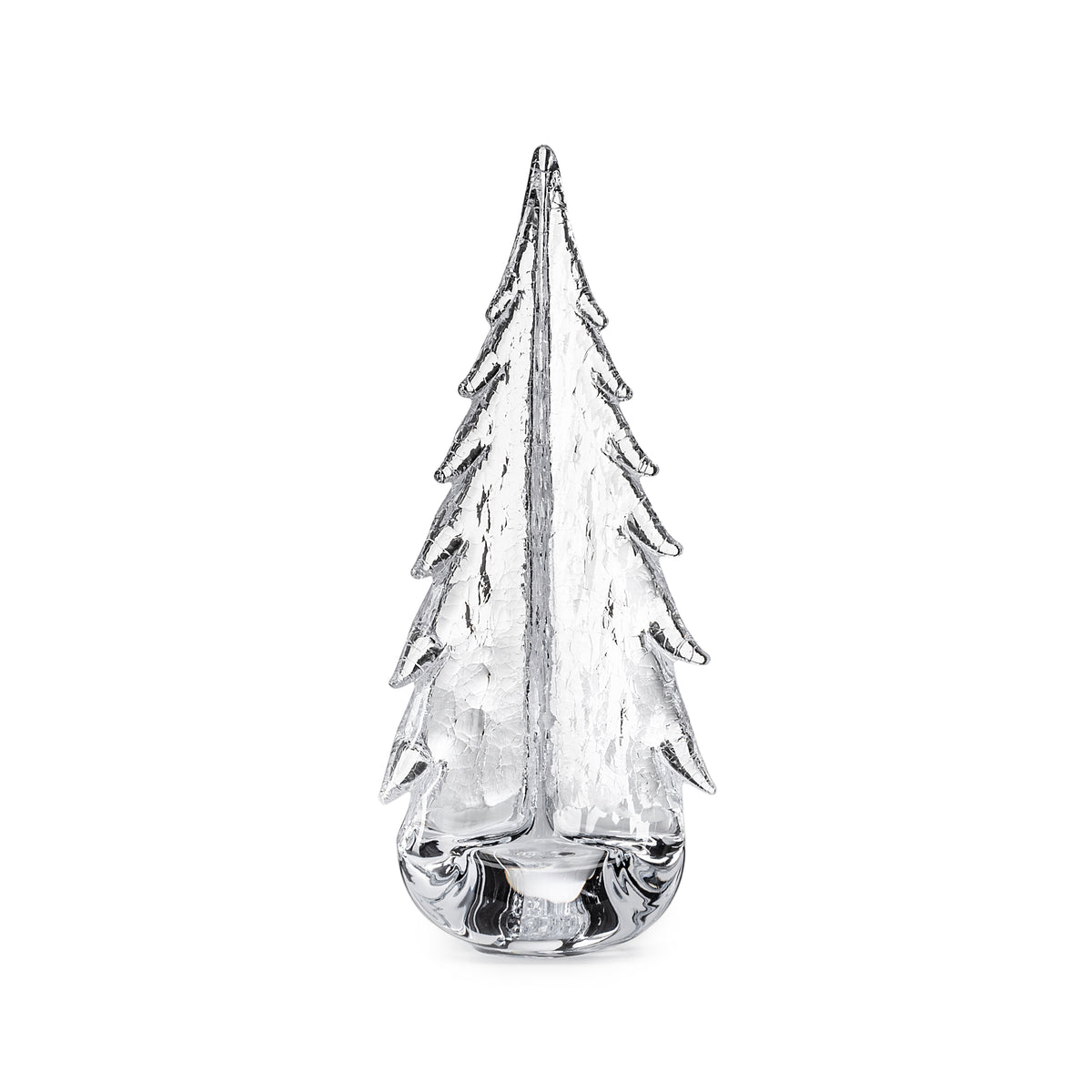 Clear glass evergreen tree with textured branches and rounded base.