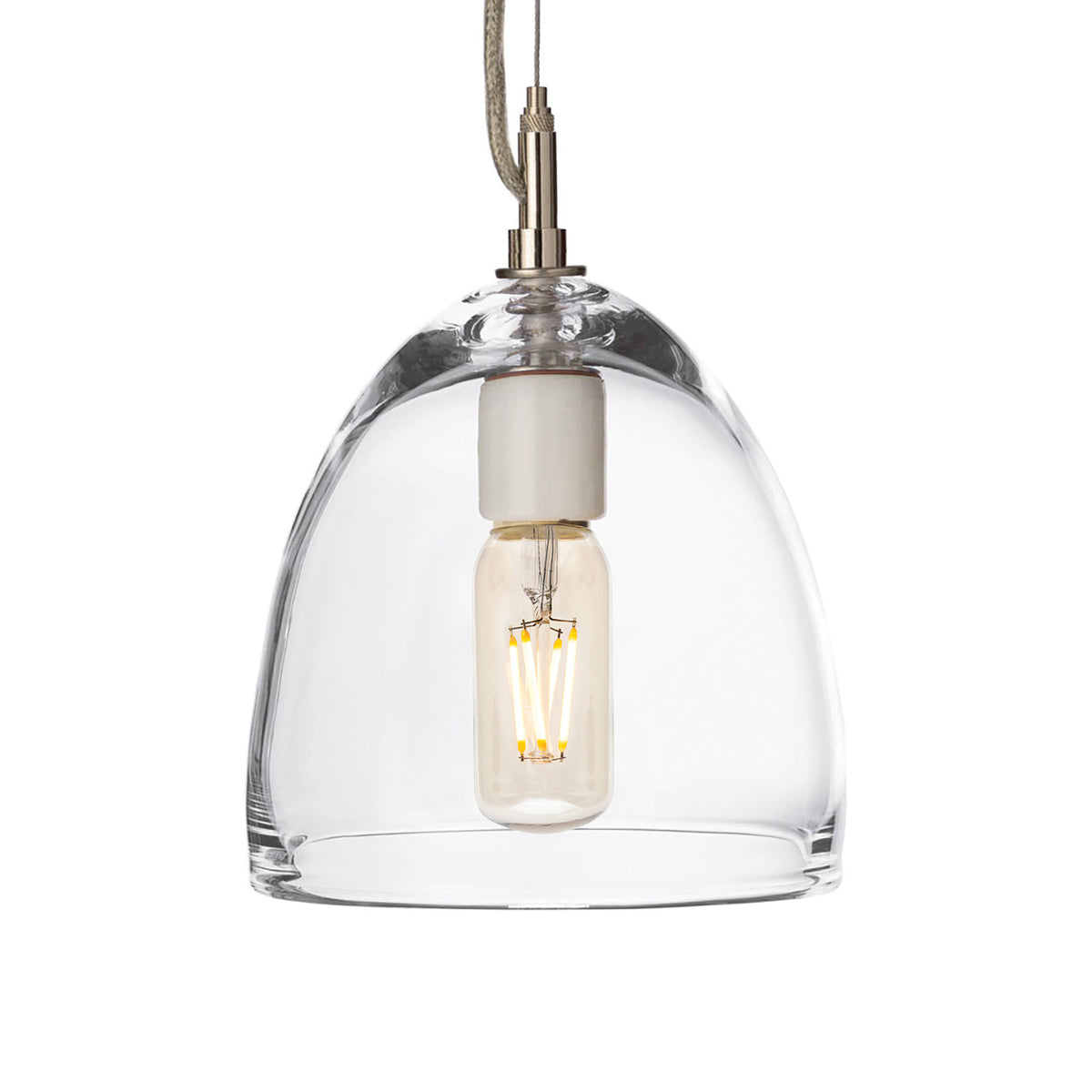 Clear glass dome pendant with brushed metal fixture and visible filament bulb suspended by rope cord.