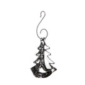 Black metal evergreen tree ornament with curved hanging hook and textured surface.