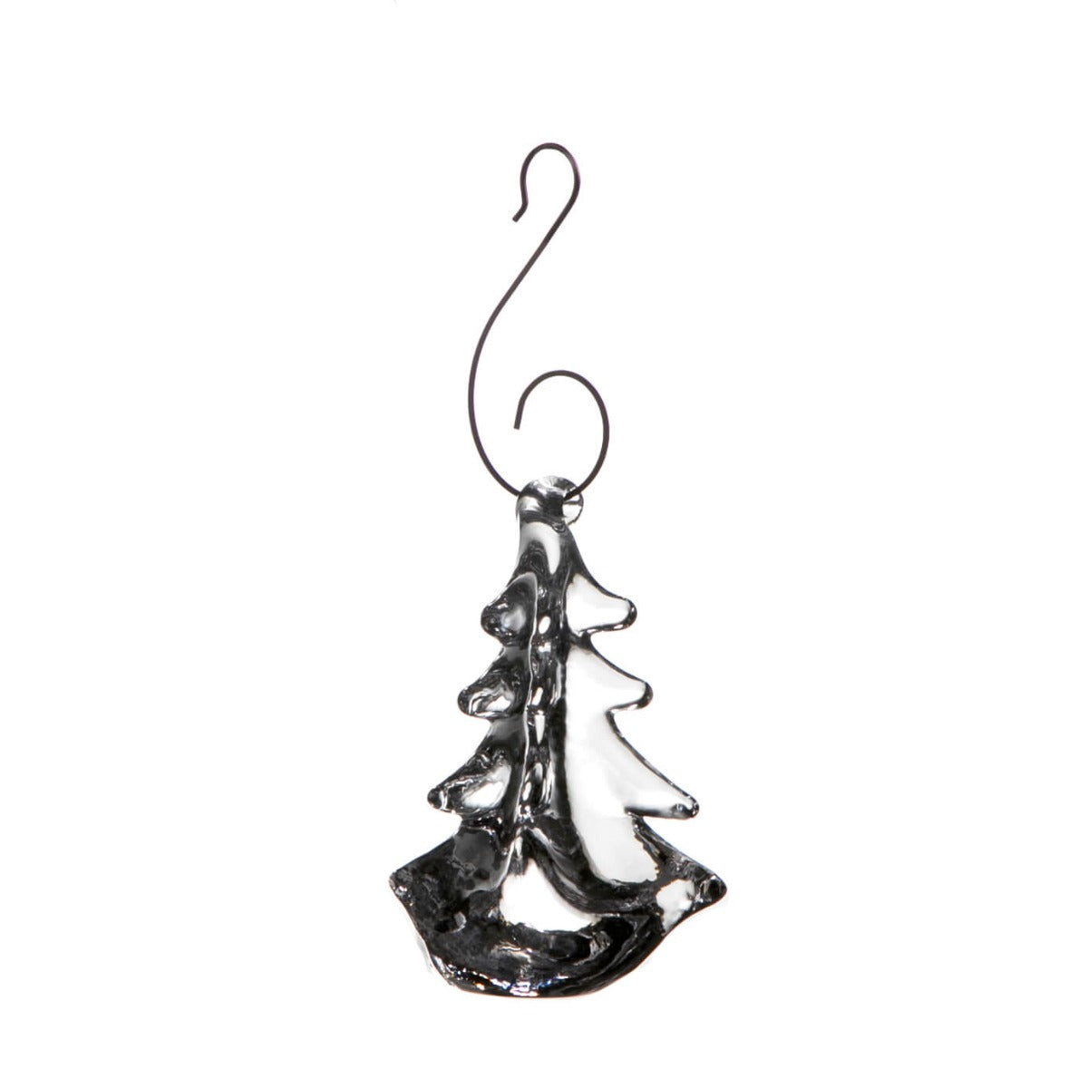 Black metal evergreen tree ornament with curved hanging hook and textured surface.
