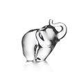 Clear glass elephant figurine with raised trunk and black decorative details on body.