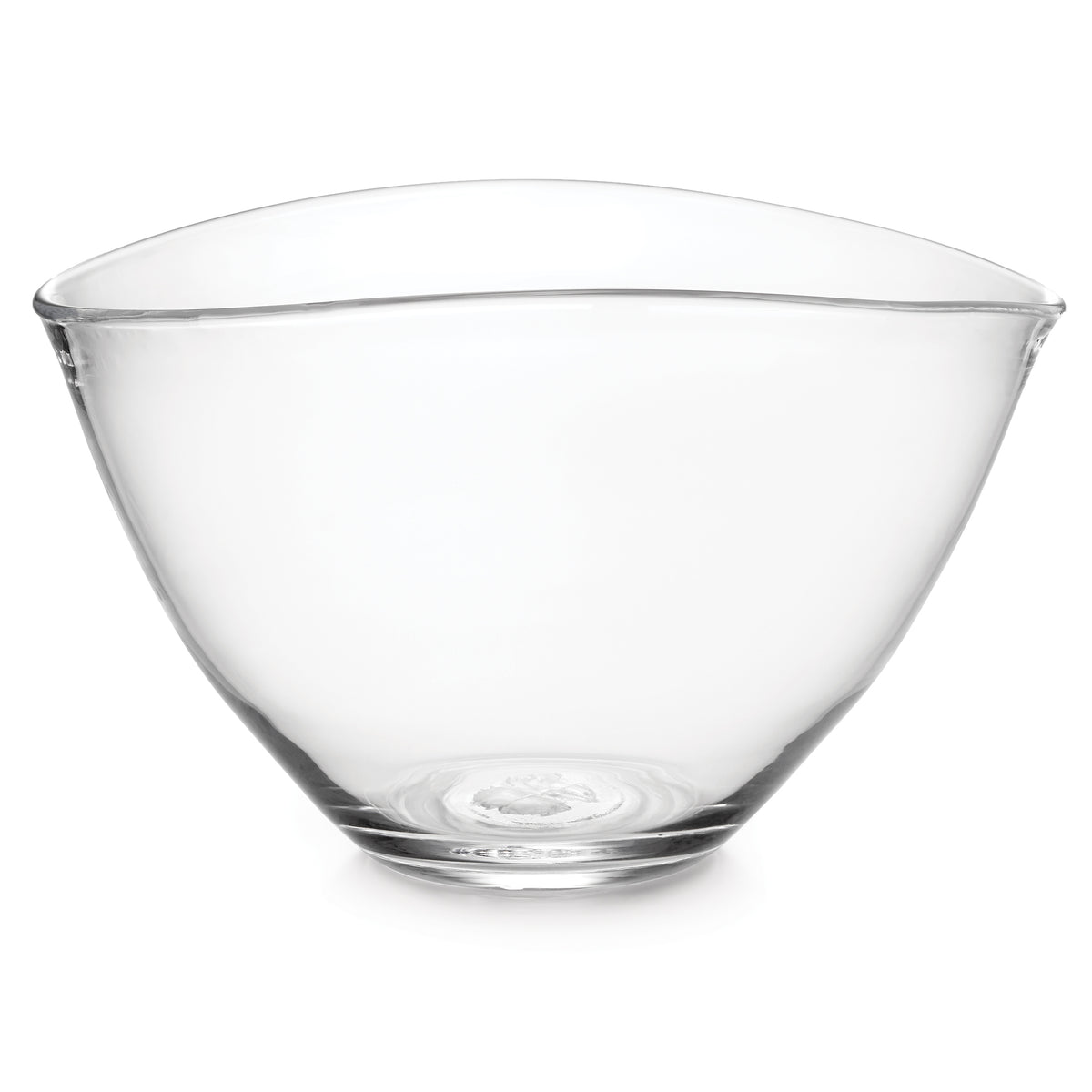 Clear glass bowl with curved sides and a wide rim, viewed from the front.