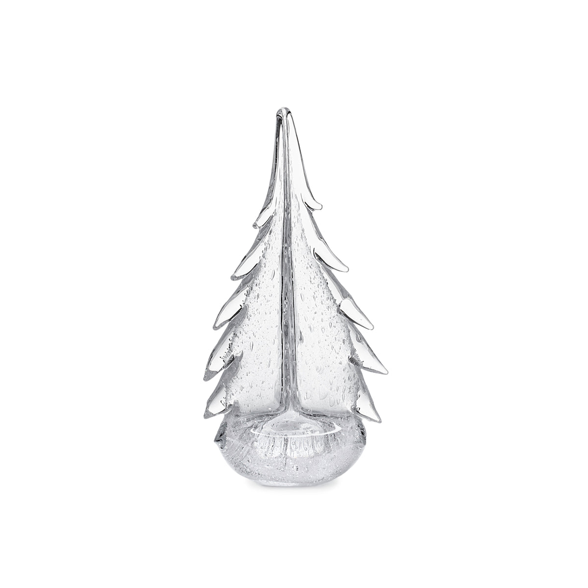 Clear glass bubble candle holder shaped like an evergreen tree with layered branches and a rounded base.