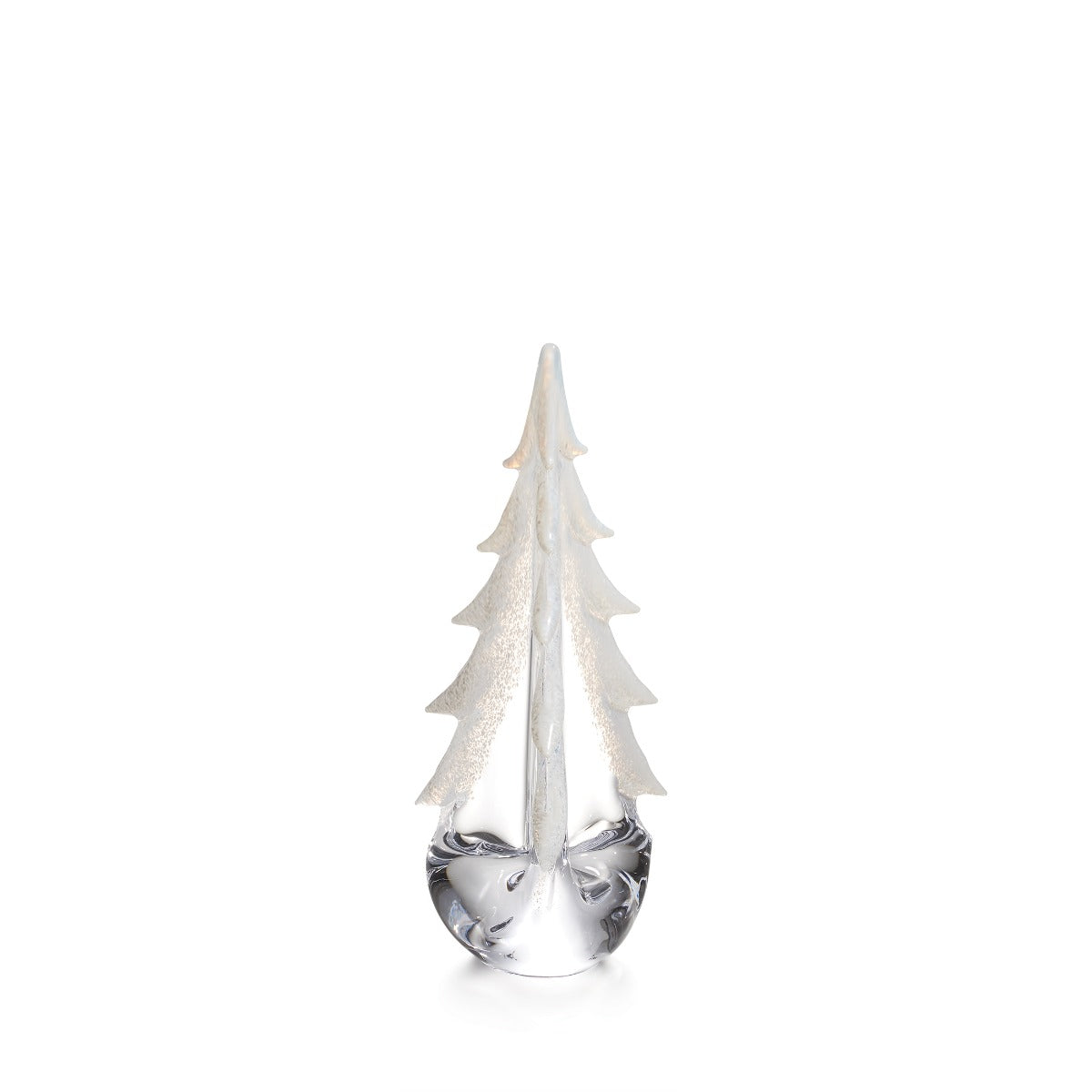 White frosted evergreen tree figurine with layered branches in clear glass base.