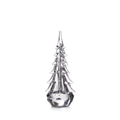 Clear glass evergreen tree figurine with pointed top and dimensional branches, approximately 14 inches tall.