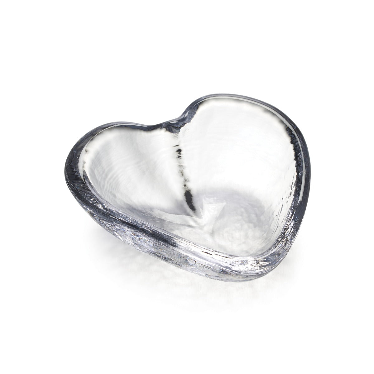 Large heart-shaped dish with clear glass body and dark gray rim.