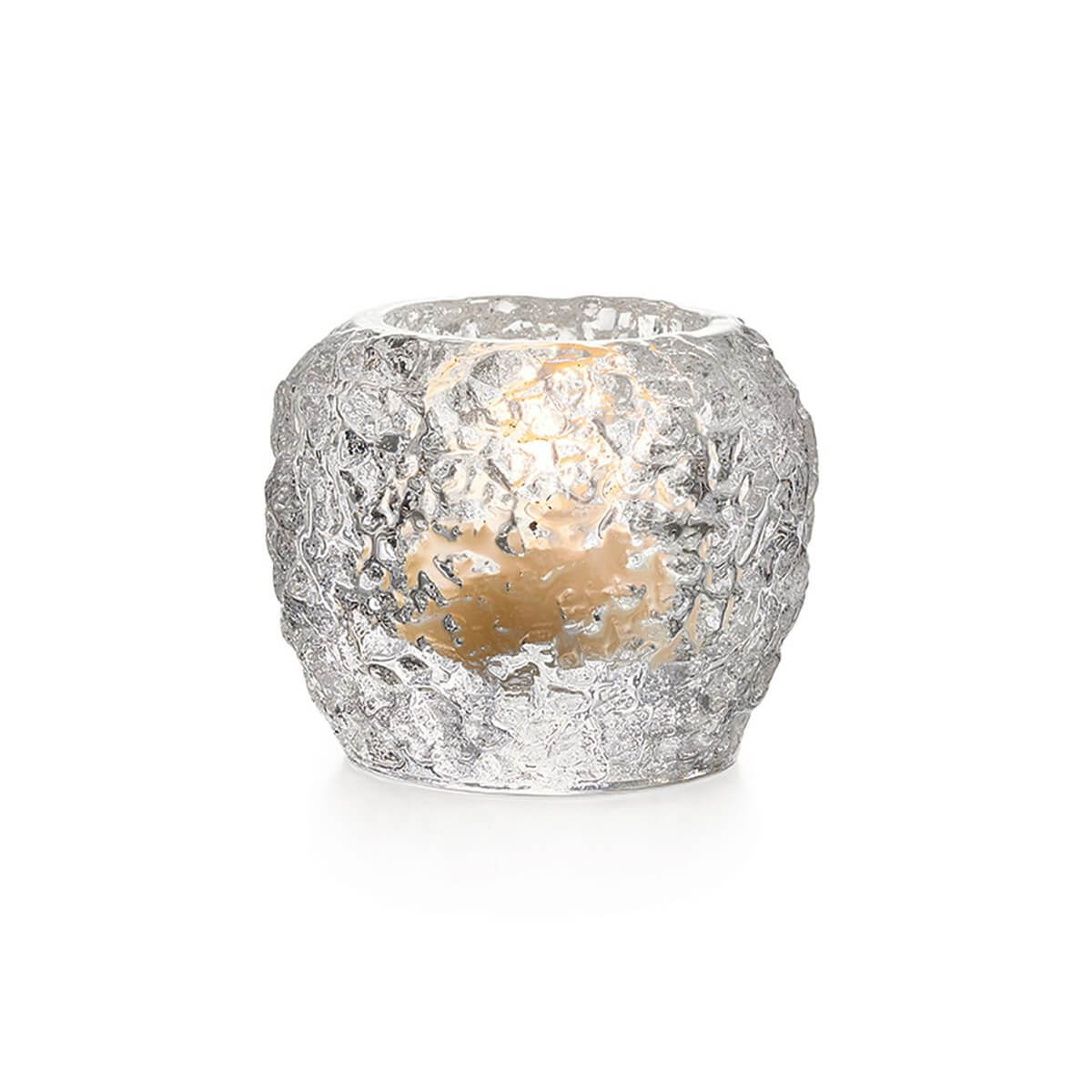 Silver textured spherical tealight holder with cutout details and warm-toned interior.