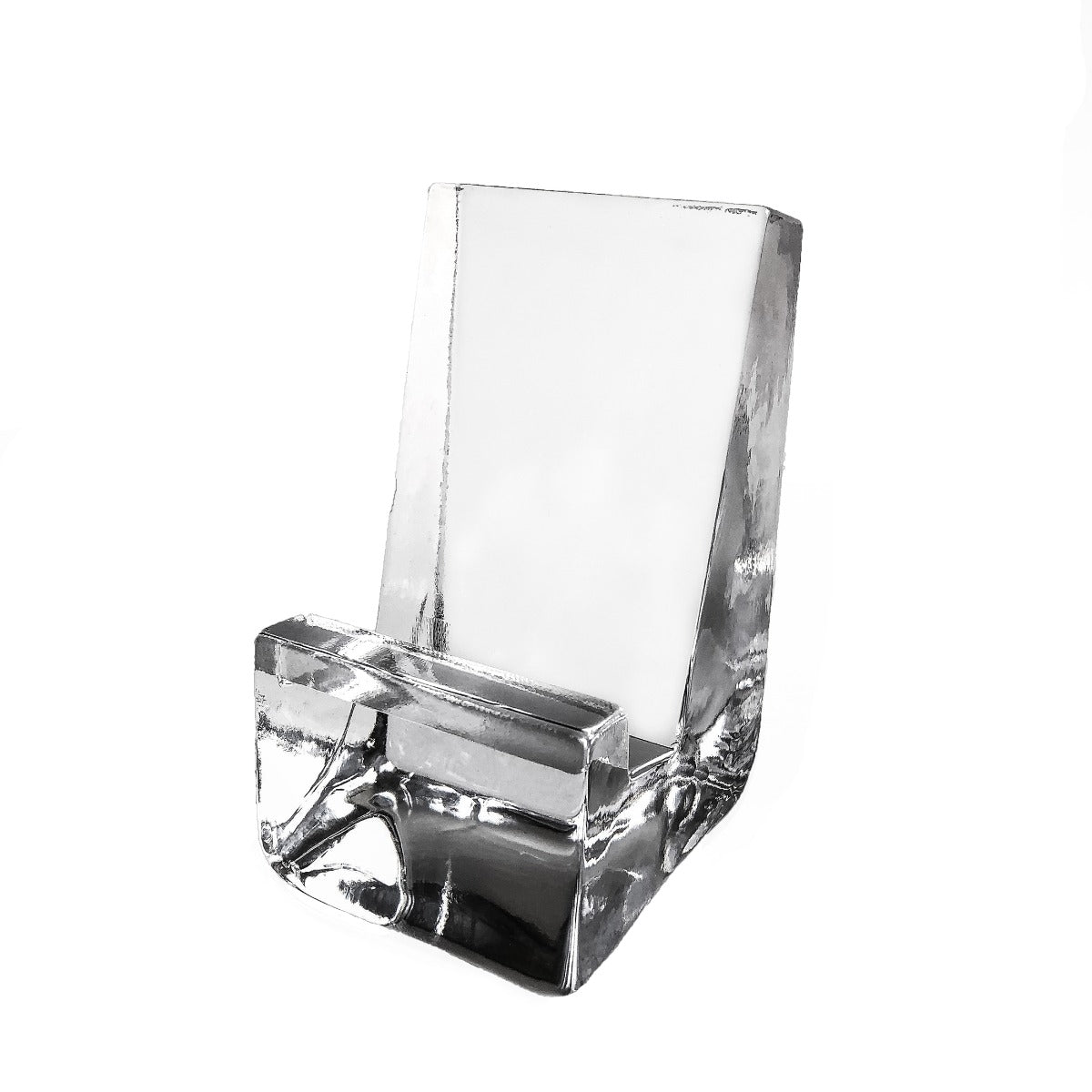 Clear acrylic phone holder with angled back panel and horizontal slot for device placement.