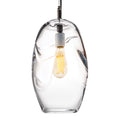 Clear glass pendant with organic shape, black cord, and lit filament bulb inside.
