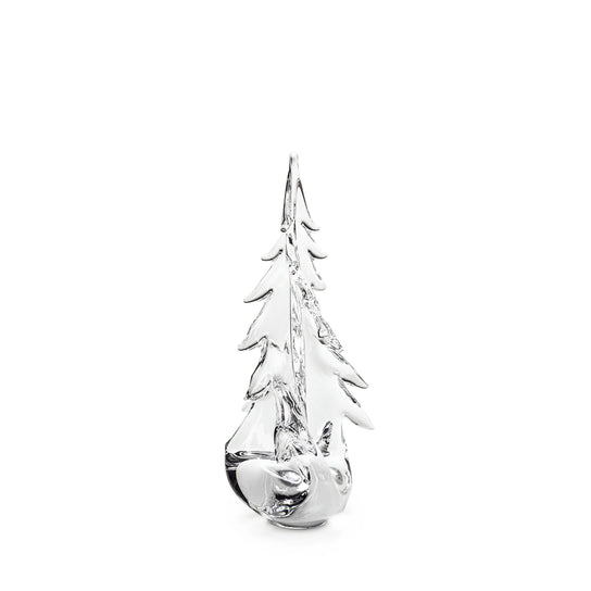 Clear glass evergreen tree figurine with twisted branches and a rounded base.