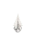 White frosted evergreen tree figurine with pointed top and spherical base featuring silver metal handles.