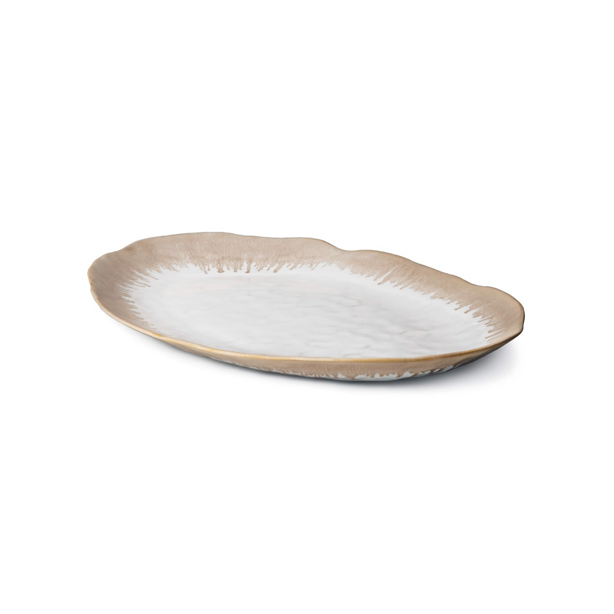 Oval platter with white center and taupe textured rim on a neutral background.